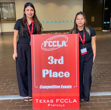 Memphis High School Family, Career and Community Leaders of America (FCCLA) members Violet Perez and Angelica Trevino advance to the FCCLA State Leadership Conference, thanks to a third-place finish in Professional Presentation Level 3, during the Region 1 Leadership Conference Thursday, Feb. 8-Saturday, Feb. 10 at the Lubbock Civic Center. Photos Courtesy of Memphis ISD