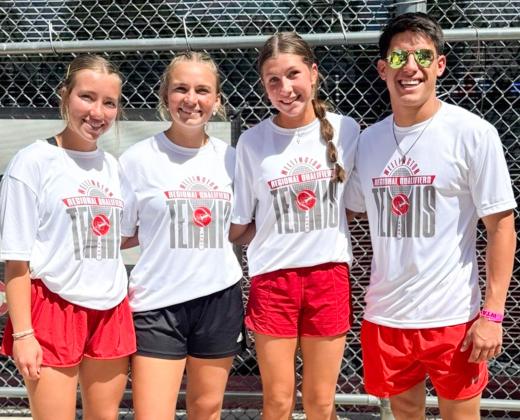 The girls’ doubles team of cousins Bryn Phillips and Oakley Folk and the mixed doubles team of Anna Dwyer and Noah Cantu compete at the UIL Region 1 Tournament Monday, April 20 in Amarillo. COURTESY PHOTO