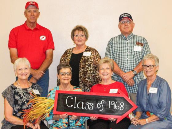 For 2019, the Wellington Ex-Student Association combined their 68th annual reunion with the Skyrockets’ homecoming to increase attendance. Members of the Wellington High School Class of 1968 convened for reunion events, marking its 51st anniversary, where Nancy Thomas Lindsey Adair loved working the soft drink bar. Front row, from left: Tanya Horton Wardrup, Freida Minatrea Hartman, Adair, Pat Thomas Barnett. Back row, from left: Andy Henard, Vikki Saunders Moore, George Porter. Courtesy Photo