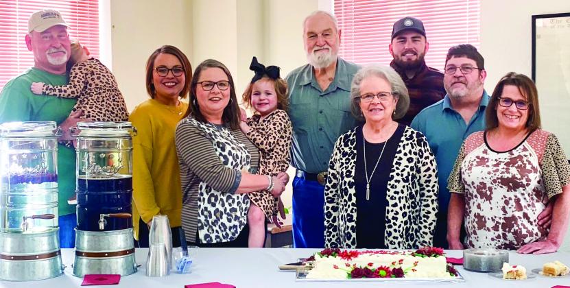 Marilyn Davis’ family gathers with her during the retirement reception in her honor on Wednesday, Dec. 28 upstairs in the Collingsworth County Courthouse. From left: Tim Harris, Addison Jones, Rhae Jones, Gina Harris, Kollins Jones, Eddie Davis, Davis, Royce Harris, Dell and Cristin Davis. Courtesy Photos