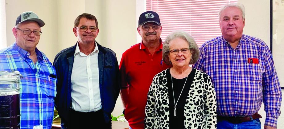 Judge John James, left, Pct. 2 Commissioner James Ellis, Pct. 1 Commissioner Farris Nation, Deputy Justice of the Peace Marilyn Davis and Pct. 3 Commissioner Joel Sherwood reminisce at Davis’ reception.