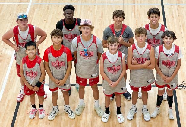 The junior varsity Wellington Skyrockets play summer ball in the Elk City basketball tournament last Monday, July 19-Wednesday, July 21, finishing 5-4. Front row, from left: Dahmian Salinas, TJ Salinas, Jake Chandler, Carter Ouellette, Carson Kane, Major Brown. Back row, from left: Hunter Hedrick, Kamron Brooks, Callen Kane, Noah Cantu. The Red River Sun/Shauna Salinas