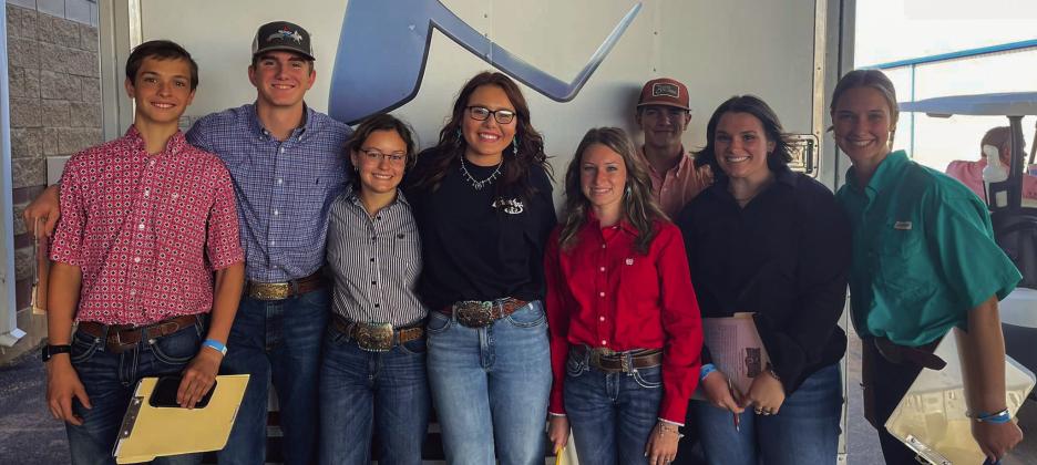 Childress FFA members, including Austin Bradley, Jett Teague, Maddi Bryant, Karen Hill, Kady Belle McInturf, Riggen Brents, Kaidance Hackler and Shadin Zuber, compete at their first Livestock Judging Contest of the season at the 2022 Tri-State Fair and Rodeo in Amarillo Friday, Sept. 23. Photo Courtesy of Childress FFA