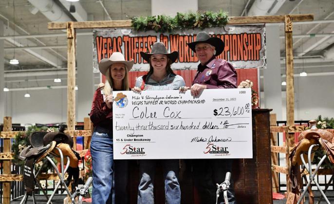 Colee Cox wins the 15-and-under breakaway championship prize, totaling $23,600, during the 2023 Mike and Sherrylynn Johnson’s Vegas Tuffest Jr. World Championship.