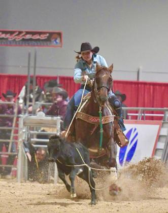 Colee Cox, on her horse, Rouge, competes in the Mike and Sherrylynn Johnson’s Vegas Tuffest Jr. World Championship in Las Vega, Nev.