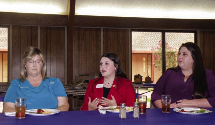 Childress High School’s Kimi Ward, a National Family, Career and Community Leaders of America (FCCLA) Officer, speaks at the September Adult Fellowship Luncheon at Childress Methodist Church. With her are her grandmother, Mary Ann Ward, left, and her aunt, Megan Trussler, right. Ward described the objectives of FCCLA, both within the organization and the community at large, as well as her duties as the Vice President of Public Relations.