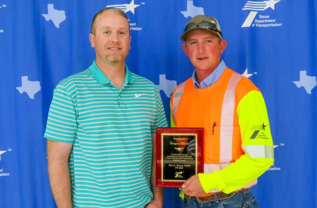 Reagan Elliott, Equipment Operator for Motley County Maintenance, is the recipient of the Terry L. Keener award. Elliott, right, began his career in the Childress District in 2017 as a General Transportation Tech. Texas Department of Transportation
