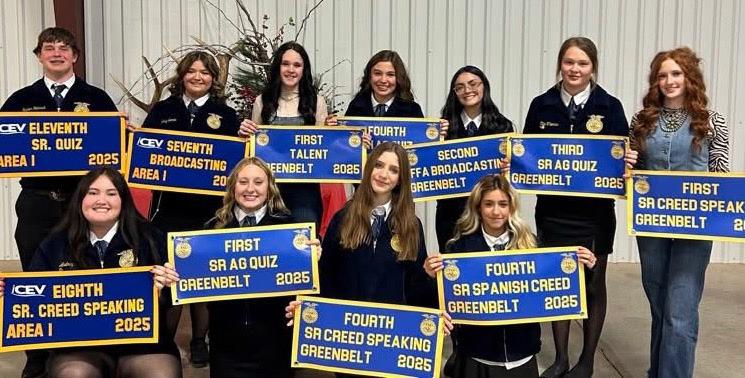 On Monday, Dec. 8, members of Wellington Future Farmers of America (FFA) traveled to Clarendon to attend the Greenbelt District Banquet. Accompanied by Advisor Drew Taylor, the students proudly received their banners from the Leadership Development Events (LDE) contests held in November. Front row, from left: Audrey Bowen, Allie Duncan, Anna Henard, Jazmyn Garcia. Back row, from left: Hunter Hedrick, Jacy Lampe, Kenady Skelton, Brylnn Kemp, Sophia Derr, Ellie Thomas, Bailey Page. Wellington High School