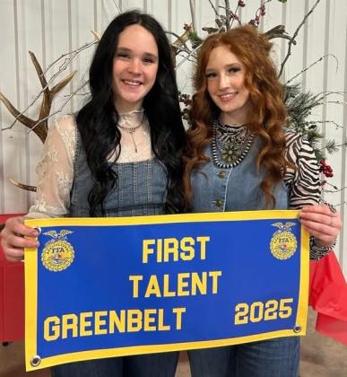 During the recent Greenbelt District Banquet, Wellington Future Farmers of America (FFA) members, senior Kenady Skelton, left, and junior Bailey Page, earned first place in the District Talent Contest. The talented duo will represent Wellington and the Greenbelt District at the Area Contest held in May in Canyon. For the competition, Skelton accompanied on the guitar as Page sang “Good Lord Lorrie” by Turnpike Trubadours, and Skelton sang “Lady May” by Tyler Childers.