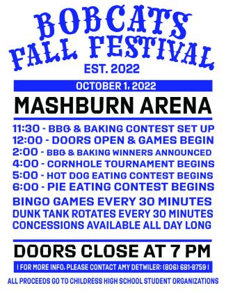 The first-ever Bobcat Fall Festival will be held from noon to 7 p.m. Saturday, Oct. 1 at the Mashburn Event Center and Arena. All proceeds will benefit Childress High School student organizations. Courtesy Graphic