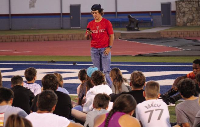 Childress High School sophomore Owen Dill speaks to fellow student-athletes at the recent Fellowship of Christian Athletes Fields of Faith event Wednesday, Oct. 12. For additional photos, see 10A. The Red River Sun/Elizabeth Tanner