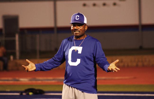 Retired Childress Bobcat Coach Phillip Rhodes shares his testimony with over 100 area student-athletes at the Fellowship of Christian Athletes Fields of Faith Wednesday, Oct. 12 at Fair Park Stadium. The Red River Sun/Elizabeth Tanner