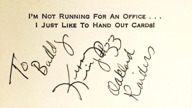 A card, addressed to John R. “Buddy” Ballew, signed by the Oakland Raiders’ Kenny King.
