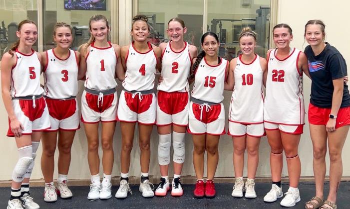 The Wellington Lady Rocket varsity team traveled to the recent Lubbock Christian University campus to work on fine tuning basketball skills with Lady Chap coaches and players during a fun and competitive summer camp. From left: Taytum Kane, Gannon Guy, Kambrie Fisher, Raelynn Castor, Kaesyn Kane, Aundrea Garcia, Dixie Johnson, Ceighley Killian, Maci Brewer. COURTESY PHOTO