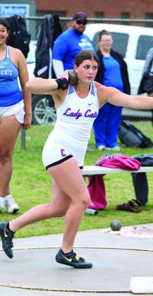 Childress’ Taylor Wiseman takes a first-place throw in shot put during the Bobcat Relays Thursday, March 21 in Childress. Childress High School Yearbook Staff/ Kaylie Oronia
