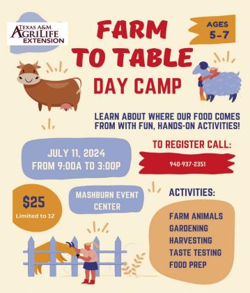 Farm to Table Day Camp, available to children ages 5-7, will take place from 9 a.m.-3 p.m. Thursday, July 11 at the Mashburn Event Center and Arena. Class size is limited to 12 students, and registration is $25 per child. To register, or for more information, contact Moody at 904-937-2351 or sandra.moody@ag.tamu.edu.
