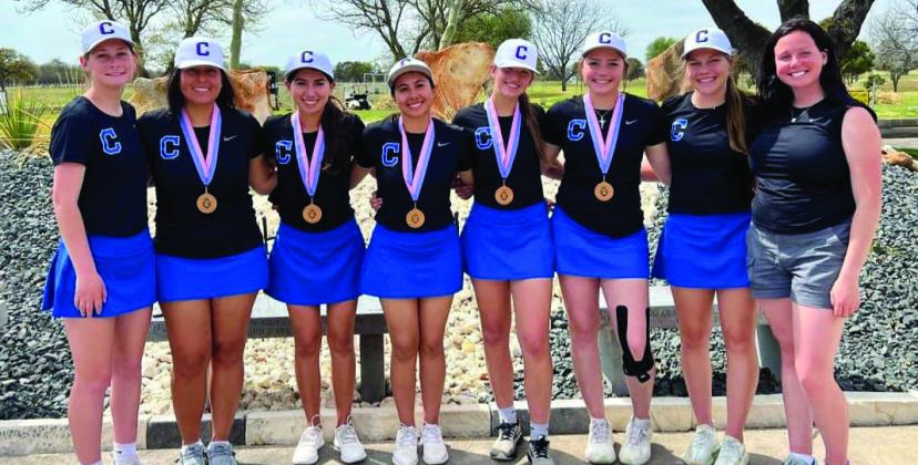 The Childress Lady Cat golf team places third at the recent Trent Invitational. “Third place on a rough day? I’d say that’s a positive,” Childress High School golf coach Kendalyn Ferguson said. “[I’m] always proud of these girls.” From left: Harlie Meacham, Cassandra Castor, Elena Jurado, Isa Jurado, Joslynn Roark, Colee Cox, Emma Jalomo, Coach Kendalyn Ferguson.