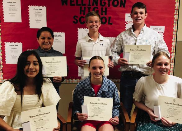 Daughters of the American Revolution present Wellington Junior High School Youth Citizenship Awards to open the Wellington Junior High School 2023 Awards Assembly at 10 a.m. Thursday, May 18. From left: sixth-graders Hazel Estrada and Elvis Jaimes, seventh-graders Taytum Kane and Jax Heflin and eighth-graders Chloe Klassen and Hunter Hedrick. The Red River Sun/Bev Odom