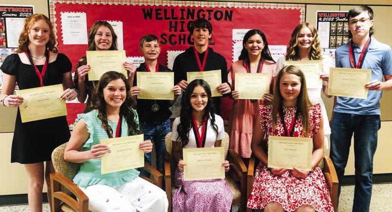 Eighth-grade students garner Top 10 certificates. Front row, from left: first, tie, Ceighley Killian and Ingrid Granadoz; third, Ellie Thomas. Back row, from left: fourth, Bailey Page; fifth, Elli Ouellette; sixth, Carter Ouellette; seventh, Callen Kane; eighth, Kaycee Martinez; ninth, Addalyn English; 10th, Sawyer Smith.