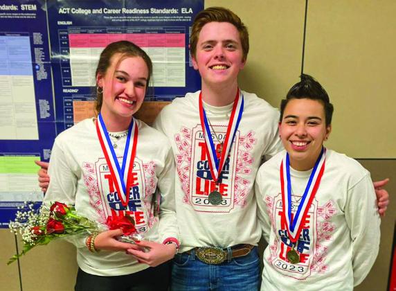 Memphis High School One Act Play seniors Maggie Cook, left, Carson Smith and Corrina Torres receive awards at the recent One Act Play District 2-AA competition Thursday, March 2 in Wellington. Cook was named to the All-Star Cast, while Smith was named to the Honorable Mention All-Star Cast, and Torres was named to the Outstanding Tech Crew. Photo Courtesy of Memphis ISD