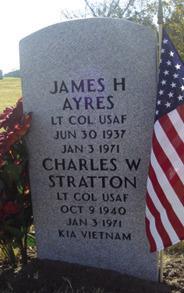 The joint grave and tombstone of Lt. Col. James H. Ayers and Lt. Col. Charles W. Stratton in the Dallas-Fort Worth National Cemetery