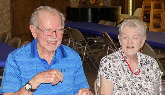 Joe and Natalie Steele were guests at the July monthly Fellowship Luncheon at Childress Methodist Church. Joe Steele, a retired anesthesiologist from Childress Regional Medical Center, described his services as a member of the U.S. Army Nurses Corps, showing photographs and certificates from the corps. Attending the luncheon were Alyiah Grace Arellano, Anne Fromm, Christina Rojas Garza, Regina Henley, Grace Holman, Lila Hoobler and Dianne Philliips. COURTESY PHOTO / GRACE HOLMAN