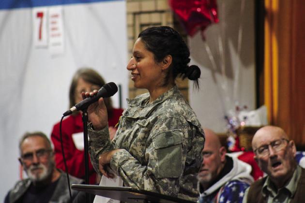 Childress Elementary School educator and veteran Esmeralda Valadez speaks at the annual Childress Elementary Veterans Day Program Friday, Nov. 11. For additional photos, see 10B. The Red River Sun/Elizabeth Tanner
