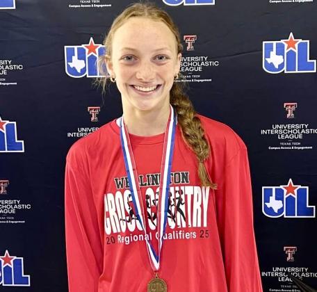 Wellington’s Taytum Kane will advance to the 2025 UIL State Cross Country Championships, following a 10thplace finish of 12:56.80 at the recent regional meet Tuesday, Oct. 21 at Mae Simmons Park in Lubbock. Wellington High School