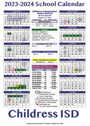 The Childress Independent School District (ISD) School Board agreed to keep a five-day instructional calendar in a four-to-three vote Monday, March 20. The board also approved the 2023-2024 calendar year. Graphic Courtesy of Childress ISD