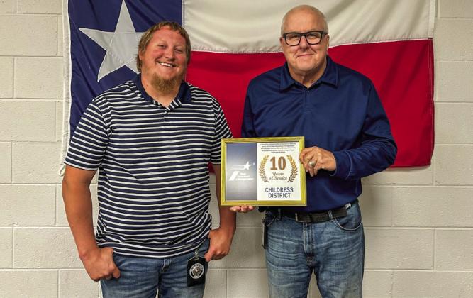 Texas Department of Transportation Childress District Engineer Darwin Lankford awards General Engineering Technician Chance Cozart for 10 years of service. Photos Courtesy of TxDOT Childress District
