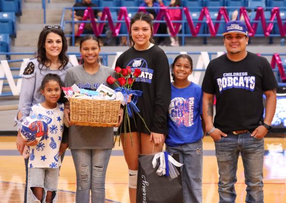 The Childress Lady Cats celebrate a 3-0 Senior Night win over the Tulia Lady Hornets Tuesday, Oct. 21 in Childress. Highlighted seniors included Addi Edmondson, Emma Jalomo, De’Edra Miller and Journey Prince. Childress High School Yearbook