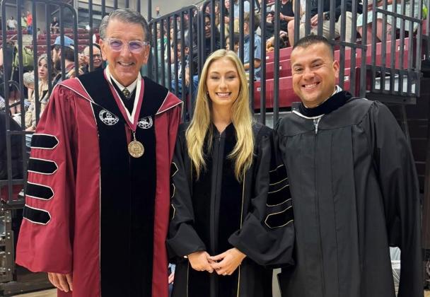 West Texas A&amp;amp;M University President Dr. Walter V. Wendler, left, Student Body President Kyal Browne and Wellington High School Principal Jermaine Cantu pause for a photo prior to the West Texas A&amp;amp;M University graduation ceremonies, where Cantu delivered the Alumni Charge at all four graduation proceedings. West Texas A&amp;amp;M University
