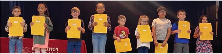 Becky Lampe’s second graders accepting A-B Honor Roll and Perfect Attendance awards are as follows. From left: Caleb Peters, A-B Honor Roll; Alaeja Archie, A-B Honor Roll; Will Berry, A-B Honor Roll; Sariyah Dean, A-B Honor Roll; Colt Dettle, A-B Honor Roll; Dallas Dule, A-B Honor Roll; Nahim Olvera, A-B Honor Roll; Easton Patterson, Perfect Attendance, A-B Honor Roll; Summer Valles, A-B Honor Roll.