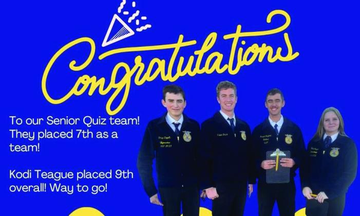 The Childress High School team of Tripp Tippett, Cutter Bruce, Kasen Chapman and Kodi Teague place seventh at the Area 1 Future Farmers of America (FFA) Leadership Development Events Thursday, Nov. 21 at West Texas A&amp;amp;M University. Photo Courtesy of Childress FFA