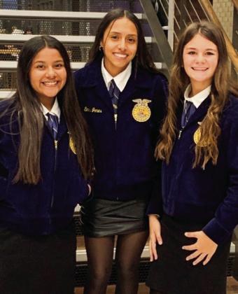 Freshmen Jasmin Moreno, left, Sabrina Segovia and Heather Peters represent Wellington FFA at the recent Area 1 Leadership Development Events (LDEs) held on the campus of West Texas A&amp;amp;M University in Canyon. Coached by Advisor Drew Taylor, Moreno placed fifth in Jr. Spanish Creed speaking while Segovia placed sixth. Peters placed ninth in Jr. Creed Speaking. Photo Courtesy of Wellington High School