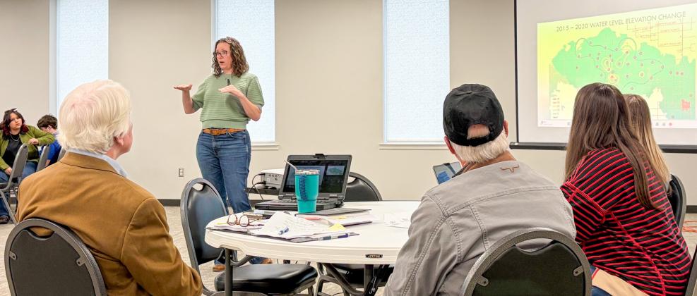 Hydrologist Amy Bush displays the 2015-2020 Water Level Elevation Change of the Mesquite Groundwater Conservation District during the State of the Water Address Thursday, March 5. Approximately 30 producers and guests attended the informative meeting. The Red River Sun/Bev Odom