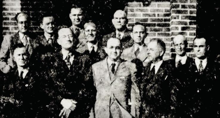 The Memphis Chamber of Commerce installs a new Board of Directors. First row, from left: O. V. Alexander, Vice President R. C. Lemons, President James F. Smith, Manager J. B. Crockett, Herschel Combs. Second row, from left: S. C. Harrison, National Councilor T. H. Deaver, 1946 President H. E. Tarver, Tomie M. Potts. Third row, from left: H. J. Howell, T. W. Harrison, Roy L. Coleman.