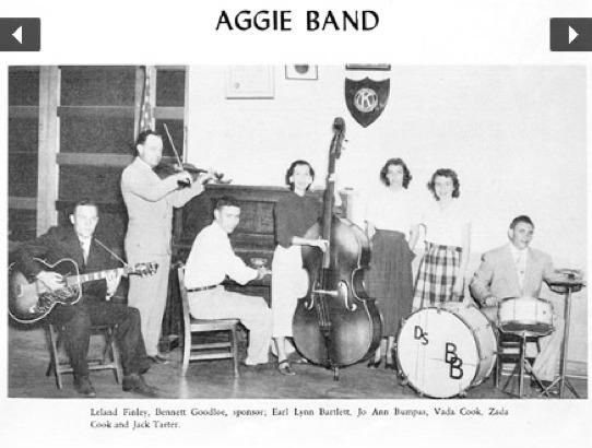 Aggie Band members include Leland Finley, Sponsor Bennett Goodloe, Earl Lynn Bartlett, JoAnn Bumpass, Vada Cook, Zada Cook and Jack Tarter. Jim Leggitt Collection