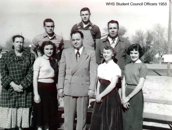 The 1953 Wellington High School (WHS) Student Council officers include Sponsor Taylor Lowrie, Reporter Beatrice Hutchins, Vice President Jimmy Leggitt, WHS Principal Bennett Goodloe, President Doolen Starkey, Secretary Genevieve Bartlett, Sponsor Melvin Burks and Treasurer LaJaun Wilson.