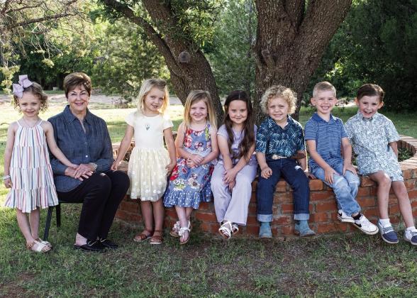 Four- and five-year-old 2025 Tiny Texan Preschool graduates. From left: Riley Ackerman, Director Carol Freeman, Shiloh Whitaker, Aerin Sims, Palmer Morris, Kiddo Kinney, Fawks Fairchild, Swayde Vest.