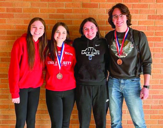 Childress High School CX Debate team members Kara Palomo, left, Meg Ridens, Corbin Daniel and Darren Pratt competed at the district meet Wednesday, Feb. 8, earning places within the top 10. Photo Courtesy of Childress High School