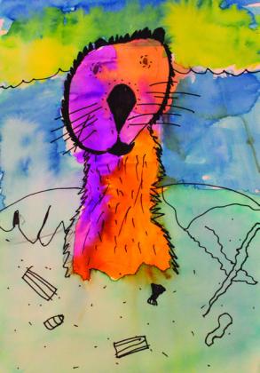 A watercolor sea otter, by Kolt Whitaker, floats in the water. Art by Kolt Whitaker