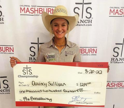 Quincy Sullivan is the 19-and-under breakaway roping champion, taking $1,214 in winnings.