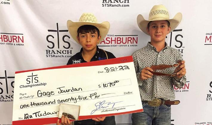 Gage Jourdan, left, is the 12-and-under tie down roping champion, taking $1,075 in winnings.