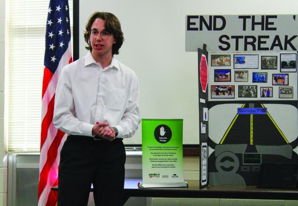 Darren Pratt, along with teammates Kara Palomo and Meg Ridens, presents “End the Streak ’23,” their Public Policy Advocate Level 3 project which they will take to the 2023 State Leadership Conference this weekend. For additional photos, see 2A. The Red River Sun/Elizabeth Tanner