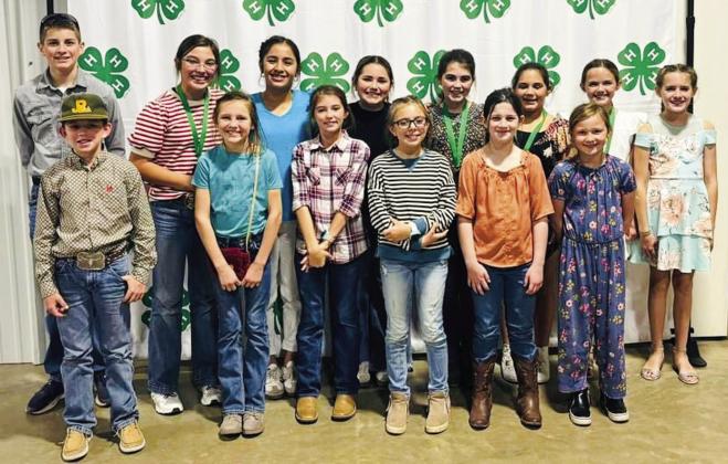 Collingsworth County 4-Hers competed in multiple contests at the recent District 1 Roundup. Front row, from left: Noah Peters, Raylie Sims, Peyton Roberson, Briley Holton, Penny Downing, Kaizley Byers. Back row, from left: Jack Downing, Brylnn Kemp, Hazel Estrada, Ava Peters, Quinn Roberson, Sara Morris, Berkeley Ward, Blair Ward. Photos Courtesy of Collingsworth County 4-H