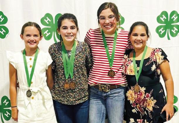 In the District 1 Food Show, Berkeley Ward competes in Junior Side Dish, where she received second place. Also, the Intermediate team, consisting of Quinn Roberson, Brylnn Kemp and Sara Morris, took third place in the Ag Product Identification contest, where Roberson placed third as an individual. From left: Ward, Roberson, Kemp, Morris.