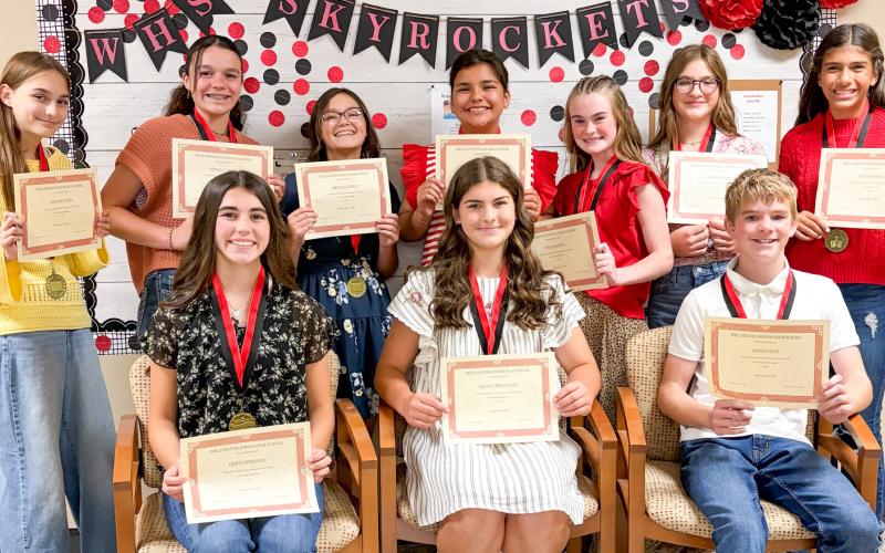 Wellington Junior High School seventh-grade Top 10 garner recognition. Front row, from left: Quinn Roberson, first; Rachel Strickland, second; Radley Keys, third. Back row, from left: Jessalee Peters, fourth; Kenzlea Taylor, fifth; Abbygale Torrez, sixth; Tylee Wiebe, seventh; Tatum Martin, ninth; Evelyn Henard, eighth; Seveyah Pena, 10th.