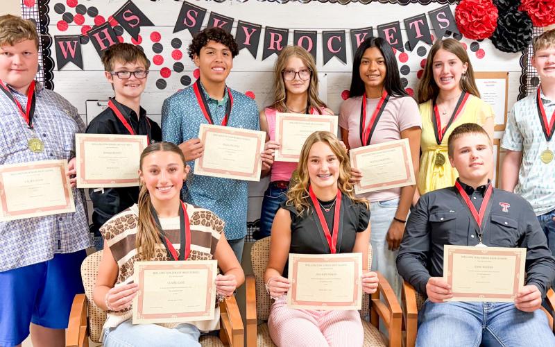 Wellington Junior High School eighth-grade Top 10 honor students receive awards. Front row, from left: Claire Kane, first; Ava Inman, second; Kane Waters, third. Back row, from left: Caleb Colson, fourth; Keylen Jeffrey, fifth; Angel Segovia, sixth; Chloe Peters, seventh; Priscilla Marentes, eighth; Samarra Cantu, ninth; Barrett Wiebe, 10th.