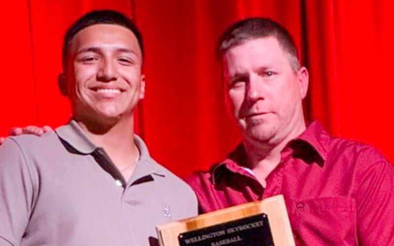 Wellington High School (WHS) Sophomore Alex Orozco earns the Baseball O’Neil Award, presented by Coach Jeff Anderson. WHS Senior Travis Tillman, not pictured, garnered the Football Sean Delaney Special Teams Award. “What a tremendous year for Skyrocket Nation,” said WHS Principal Jermaine Cantu. “Congratulations again to all of our student athletes for your hard work, dedication and commitment to excellence — both on and off the field.”